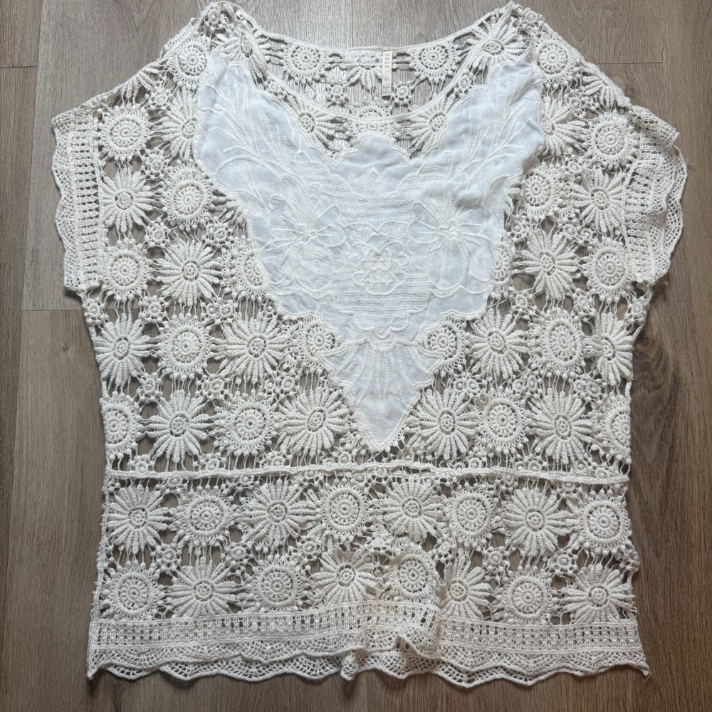 Raga Womens Casual 100% Cotton‎  Ivory White crochet Beach top XS